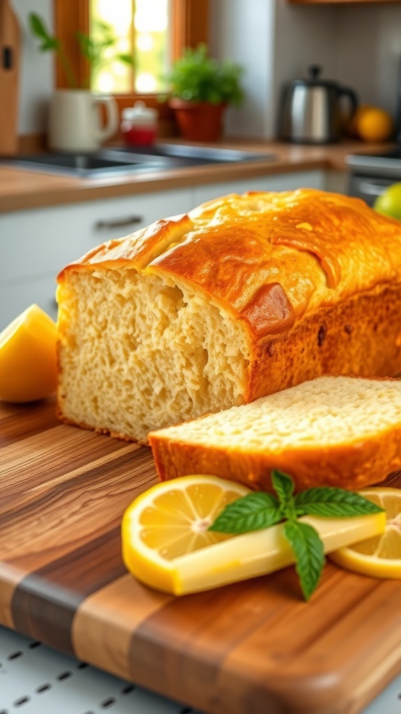 A golden loaf of lemon bread sliced to show its moist texture, with lemon slices and mint on a wooden board.